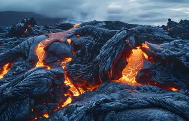 Fotobehang Lava flows  - hot burning magma during volcano eruption © PetrovMedia