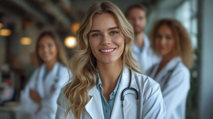 on the lookout for health: an international team of professional doctors stand together and look into the camera