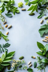 Herbal medicine in capsules made from herb leaves, top view