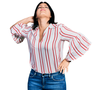 Young hispanic girl wearing casual clothes suffering of neck ache injury, touching neck with hand, muscular pain