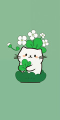 Gatinho branco minimalista com plantas verdes e flores 