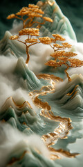 Obraz na płótnie Canvas Paisagem japonesa com árvores e montanhas nas cores verde esmeralda e dourado como o outro - Fundo de tela 