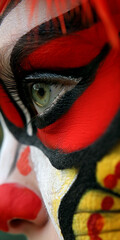 Mulher com pintura no rosto com as cores vermelho, preto e amarelo - Macro