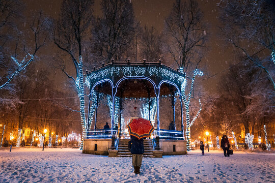 View of Zrinjevac park covered by snow in Zagreb during Advent, in Croatia.