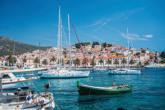 Zagreb, Croatia - 30 November 2016: View of boats on Hvar island in Dalmatia during summer in Croatia.