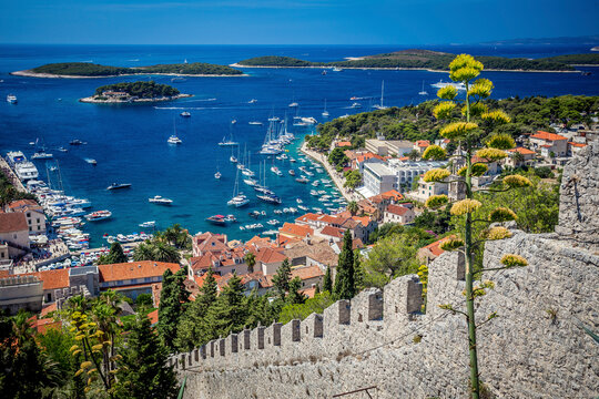 View of boats on Hvar island in Dalmatia during summer in Croatia.