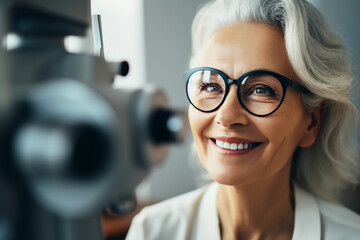 Patient elderly lady on oculist examination eyesight checkup generative AI concept