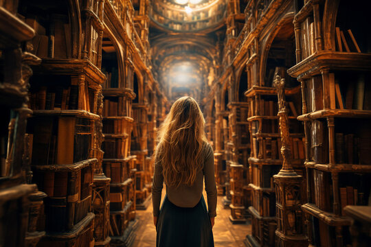 Generative AI technology conceptual picture World Book Day people reading book in big large library