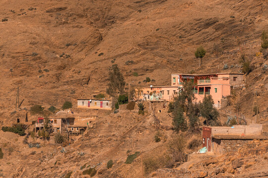 View of Ait Ben Amer, a small town and village on the Atlas mountain range near Marrakech, Morocco.
