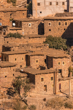 View of Ait Ben Amer, a small town and village on the Atlas mountain range near Marrakech, Morocco.