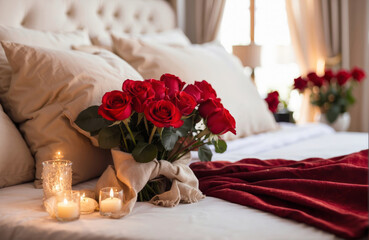 bouquet of Red roses on bed for romantic valentine date decoration with candle, love honeymoon,...
