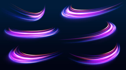Big set of neon speeds in the form of a road of different light colors. Rotating dynamic neon circle. Colored shiny sparks of spiral wave. Expressway, the effect of car headlights.	