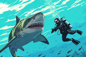 scuba diver and friendly shark cartoon illustration