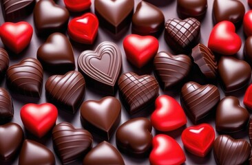 Fototapeta premium Chocolates in the form of a heart. Brown and red candy. Lots of sweets. The background is made of chocolate.