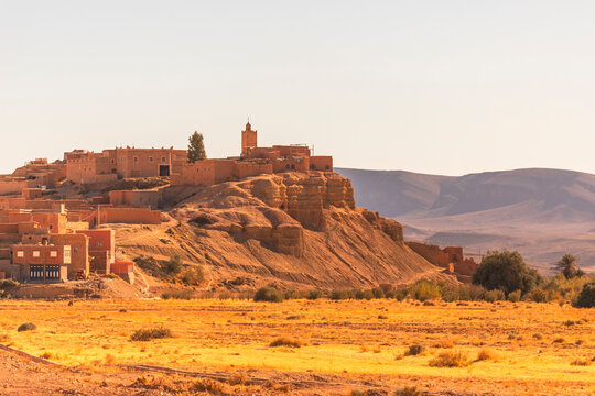 View of a small town with Kasbah on the High Atlas mountain in Ouarzazate, Central Morocco.
