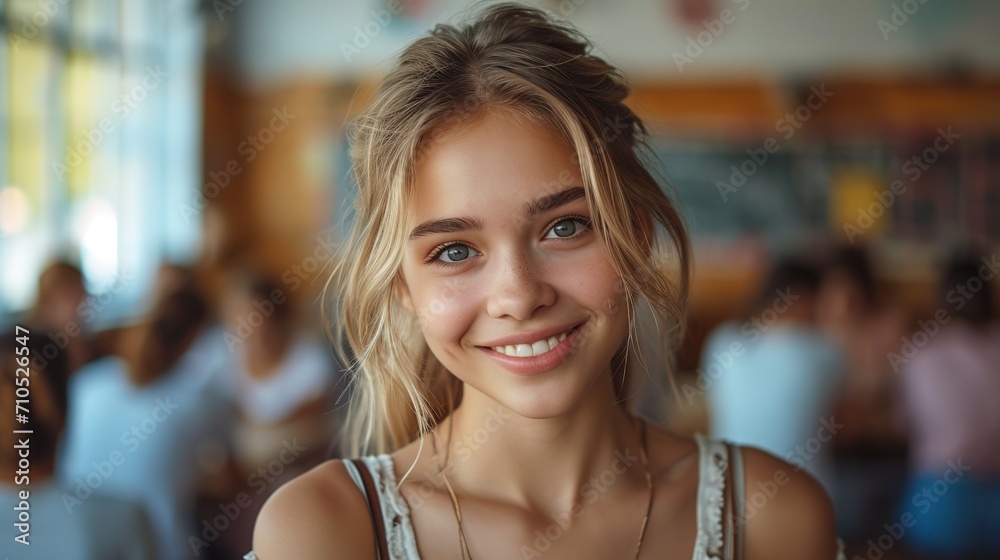 Wall mural a young smiling woman standing in the classroom, in the style of realistic yet romantic, photo-realistic, miscellaneous academia, focus stacking