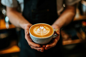 The barista hands you a cup of latte in a coffee shop.