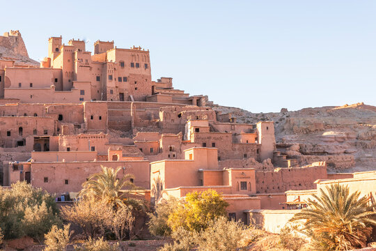 View of Ait Benhaddou, a small town on the High Atlas mountain, historic Ighrem or Ksar between the Sahara desert and Marrakech, Ouarzazate, Central Morocco.