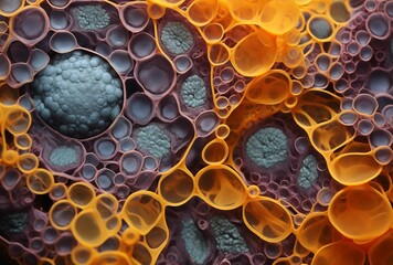 A close-up 3D rendering of cellular structures in shades of orange and purple, resembling a biological landscape