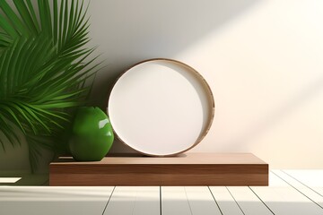A round white object in front of a wooden table with wall.