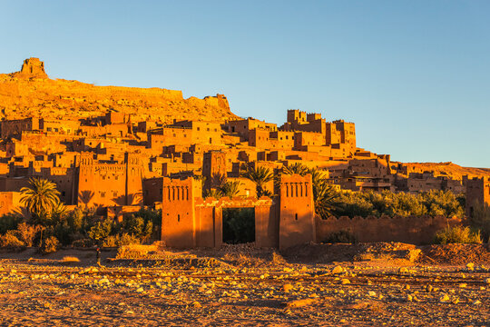 View of Ait Benhaddou, a small town on the High Atlas mountain, historic Ighrem or Ksar between the Sahara desert and Marrakech, Ouarzazate, Central Morocco.