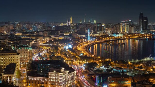 Aerial view timelapse of Baku city modern landmarks at night, Baku Azerbaijan 4K