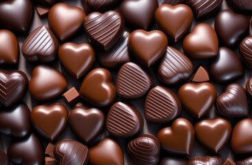 Naklejka premium Chocolates in the form of a heart. Lots of sweets. The background is made of chocolate.