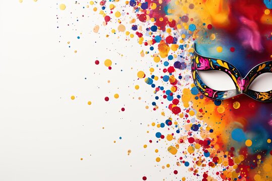 Festive background with mask carnival and confetti on white