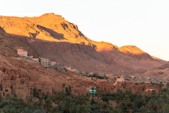 View of the Palmeraie de Tinghir, a valley with palm trees near Ait Ismene village at sunset, Tinghir, Morocco.