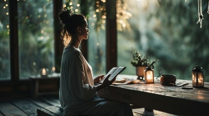 Meditative Yoga Practice with Goal Setting. person meditates in serene, warmly lit setting with fairy lights, focusing on setting intentions and personal goals during yoga session. - obrazy, fototapety, plakaty