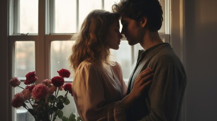 Intimate Couple Embracing by Window Light. romantic scene with a young couple in a close embrace near a window, with soft light and red roses suggesting Valentine's Day.
