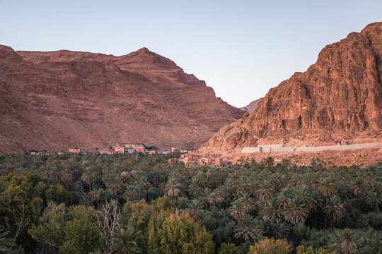 View of the Palmeraie de Tinghir, a valley with palm trees near Ait Ismene village at sunset, Tinghir, Morocco.