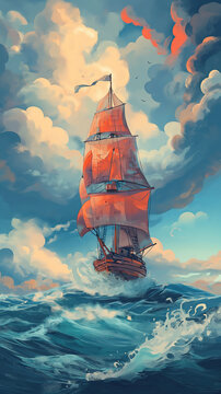 grungy noise texture art, beautiful ship sailing in ocean , whimsical fantasy fairytale contemporary creative illustration, 9:16 ratio vertical, Generative Ai