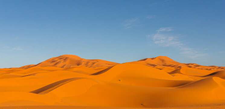 View of the Sahara desert sand dunes in Merzouga desert, Morocco.