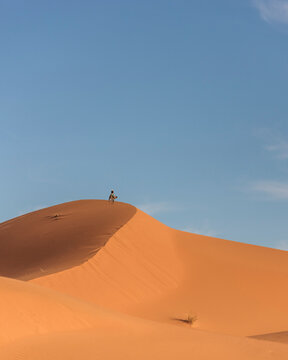 View of a berber bedouin walking across the Sahara Desert with a camel in Merzouga, Morocco.