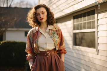 Fototapeta premium A woman is photographed standing in front of a typical house in a quiet residential area, A young adult wearing a mix of vintage and thrifted pieces, AI Generated