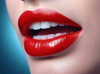 Obraz premium Red Lips of Desire: A Sensual Closeup of a Young Woman with Perfectly Glossy and Bright Red Lips, Expressing Glamour and Sensuality against a White Background