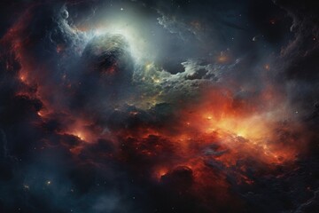 An enchanting and vibrant expanse containing clouds and stars, providing a mesmerizing view of the cosmos, Abstract depiction of a nebula formation, AI Generated