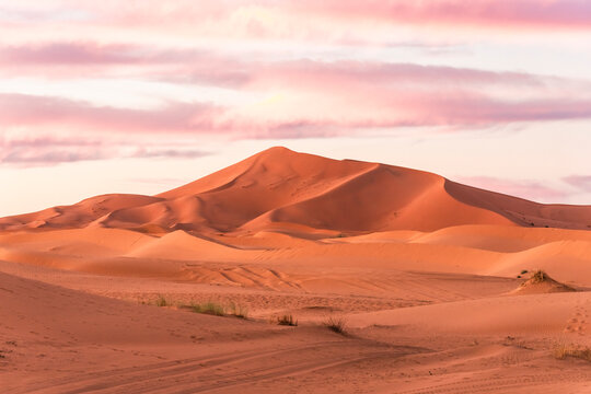 View of the Sahara desert sand dunes in Merzouga desert, Morocco.