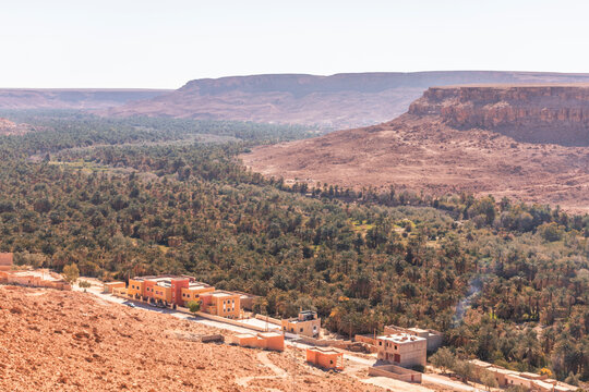 View of the Palmeraie, a valley with palm trees along the Ziz Valley with canyon near Errachidia, Morocco.