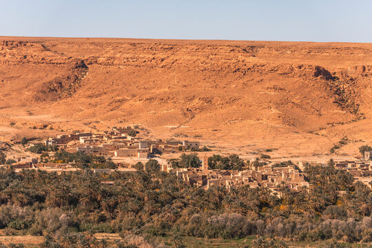 View of the Palmeraie, a valley with palm trees along the Ziz Valley with canyon near Errachidia, Morocco.