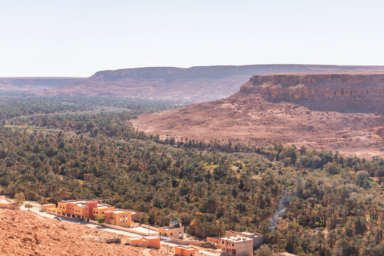 View of the Palmeraie, a valley with palm trees along the Ziz Valley with canyon near Errachidia, Morocco.
