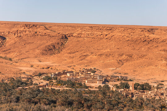 View of the Palmeraie, a valley with palm trees along the Ziz Valley with canyon near Errachidia, Morocco.