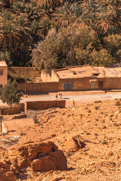 View of berber villages near the Palmeraie, a valley with palm trees along the Ziz Valley with canyon near Errachidia, Morocco.