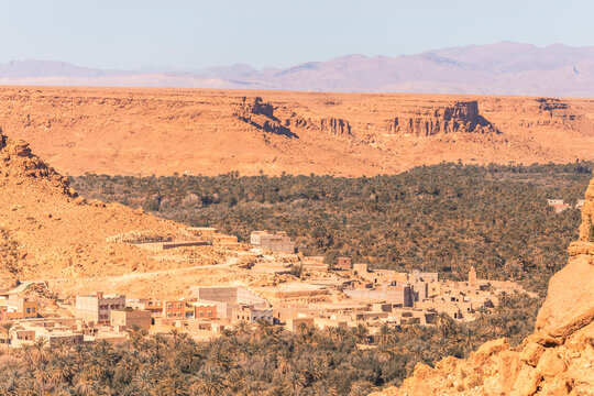 View of the Palmeraie, a valley with palm trees along the Ziz Valley with canyon near Errachidia, Morocco.