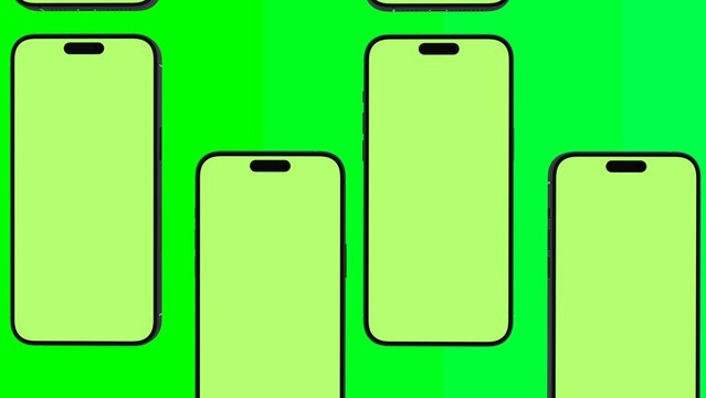 Mobile Phone Pattern with Green Screen on green background flat lay. Group of Smartphones. Brand Identity, Business Cells Advertising and Social Posts 3D render