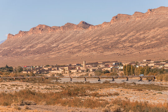 View of a small village along the river along the Ziz Valley with canyon near Errachidia, Morocco.
