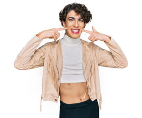 Handsome man wearing make up and woman clothes smiling cheerful showing and pointing with fingers teeth and mouth. dental health concept.