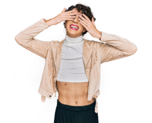 Handsome man wearing make up and woman clothes covering eyes with hands smiling cheerful and funny. blind concept.