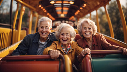Old Senior people smiling in a roller coaster